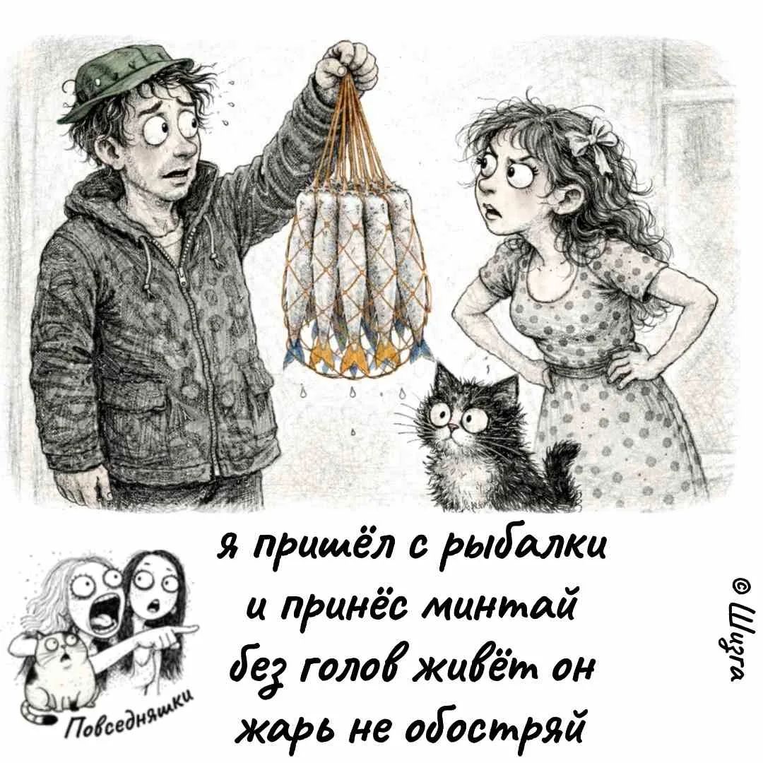 я пришёл с рыбалки и принёс минтай без голов живёт он жарь не обостряй Повседневняшки