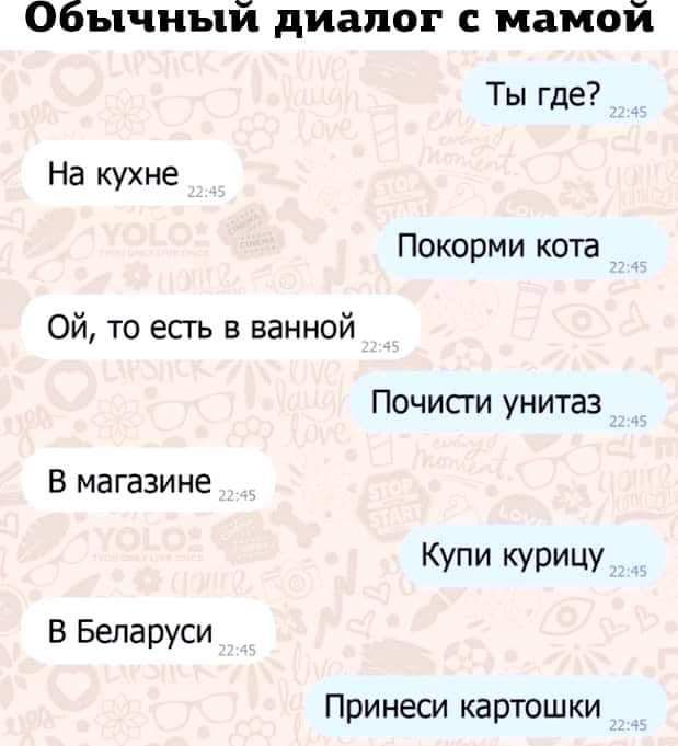 Обычный диалог с мамой. Ты где? На кухне. Покорми кота. Ой, то есть в ванной. Почисти унитаз. В магазине. Купи курицу. В Беларуси. Принеси картошки.