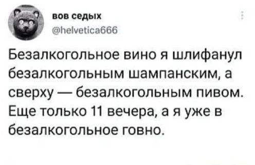 Безалкогольное вино я шлифанул безалкогольным шампанским, а сверху — безалкогольным пивом. Еще только 11 вечера, а я уже в безалкогольное говно.