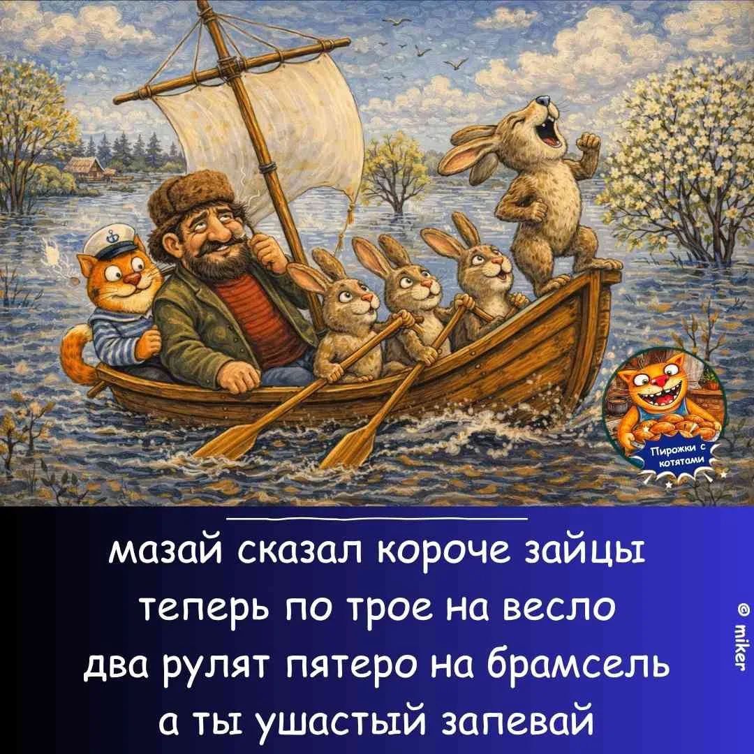 ПИРОЖКИ С КОТЯТАМИ МАЗАЙ СКАЗАЛ КОРОЧЕ ЗАЙЦЫ ТЕПЕРЬ ПО ТРОЕ НА ВЕСЛО ДВА РУЛЯТ ПЯТЕРО НА БРАМСЕЛЬ А ТЫ УШАСТЫЙ ЗАПЕВАЙ