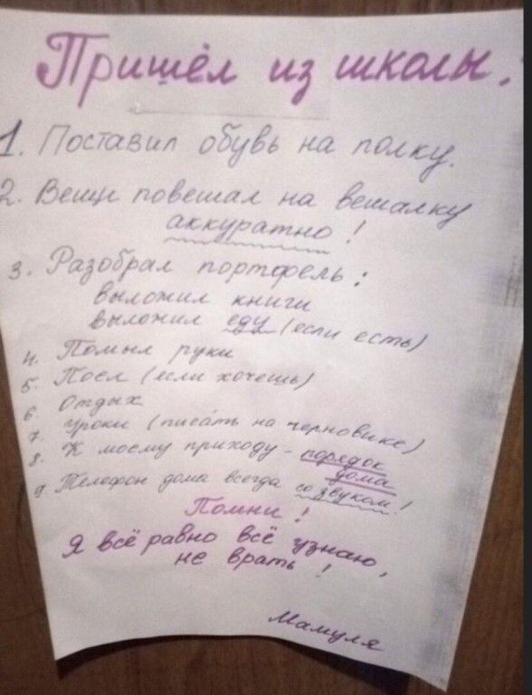 Пришёл из школы.
1. Поставил обувь на полку.
2. Вещи повешал на вешалку аккуратно!
3. Разобрал портфель:
   выложил книги
   выложил еду (если есть)
4. Помыл руки
5. Поел (или хочешь)
6. Отдых
7. Уроки (писать на черновике)
8. К моему приходу - порядок дома
9. Телефон дома всегда со звуком!
Помни!
Я всё равно всё узнаю, не врать!
Мамуля