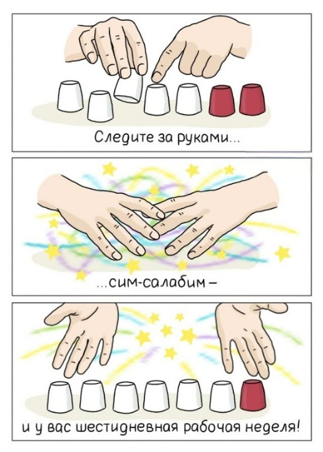 Следите за руками... ...сим-салабим- и у вас шестидневная рабочая неделя!