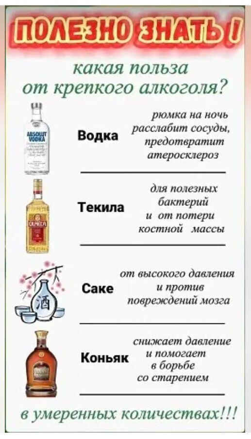 ПОЛЕЗНО ЗНАТЬ! какая польза от крепкого алкоголя? Водка: рюмка на ночь расслабит сосуды, предотвратит атеросклероз. Текила: для полезных бактерий и от потери костной массы. Саке: от высокого давления и против повреждений мозга. Коньяк: снижает давление и помогает в борьбе со старением. в умеренных количествах!!!