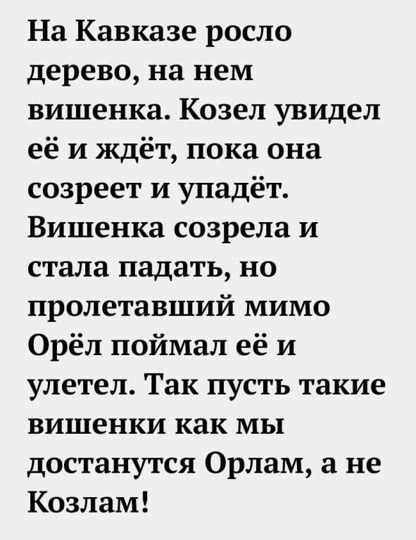 На Кавказе росло дерево, на нем вишенка. Козел увидел её и ждёт, пока она созреет и упадёт. Вишенка созрела и стала падать, но пролетавший мимо Орёл поймал её и улетел. Так пусть такие вишенки как мы достанутся Орлам, а не Козлам!