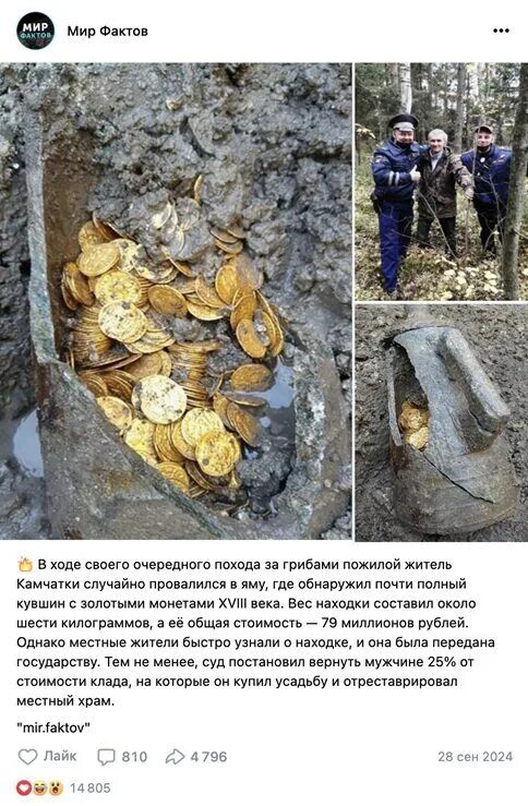Мир Фактов. В ходе своего очередного похода за грибами пожилой житель Камчатки случайно провалился в яму, где обнаружил почти полный кувшин с золотыми монетами XVIII века. Вес находки составил около шести килограммов, а её общая стоимость — 79 миллионов рублей. Однако местные жители быстро узнали о находке, и она была передана государству. Тем не м