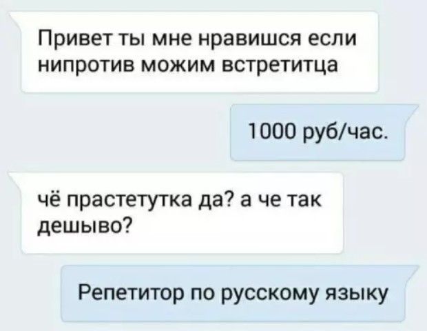 Привет ты мне нравишся если нипротив можим встретитца 1000 руб/час. чё прастетутка да? а че так дёшиво? Репетитор по русскому языку