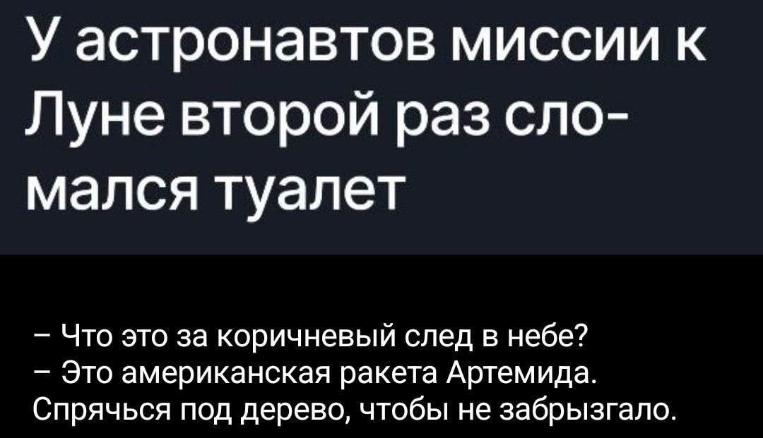 У астронавтов миссии к Луне второй раз сломался туалет – Что это за коричневый след в небе? – Это американская ракета Артемида. Спрячься под дерево, чтобы не забрызгало.