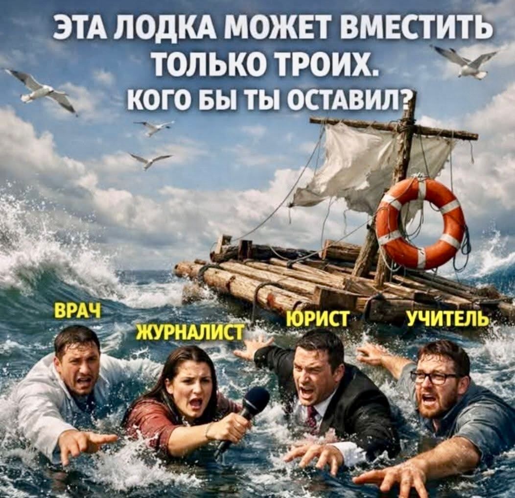 ЭТА ЛОДКА МОЖЕТ ВМЕСТИТЬ ТОЛЬКО ТРОИХ. КОГО БЫ ТЫ ОСТАВИЛ? ВРАЧ ЖУРНАЛИСТ ЮРИСТ УЧИТЕЛЬ