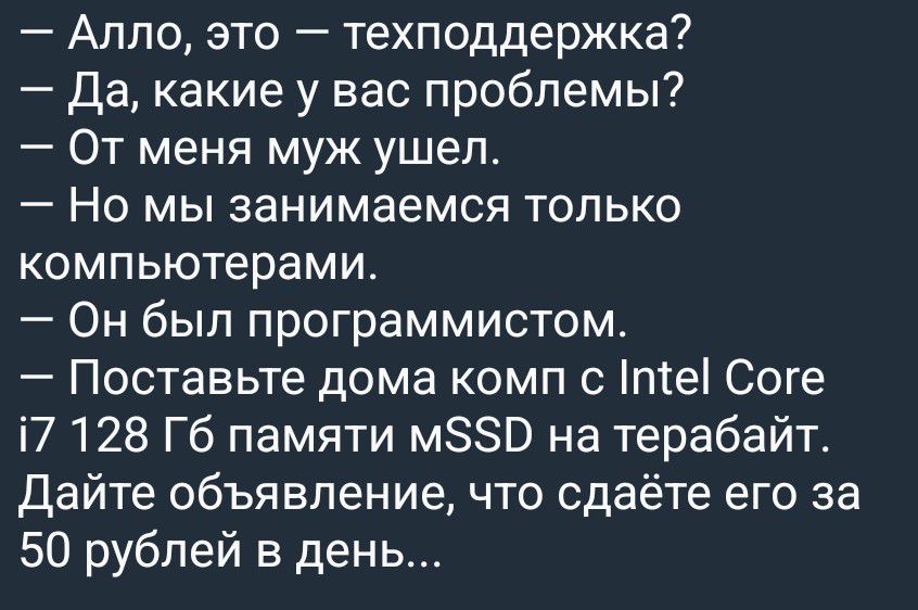 Алло, это — техподдержка? Да, какие у вас проблемы? От меня муж ушел. Но мы занимаемся только компьютерами. Он был программистом. Поставьте дома комп с Intel Core i7 128 Гб памяти mSSD на терабайт. Дайте объявление, что сдаёте его за 50 рублей в день...