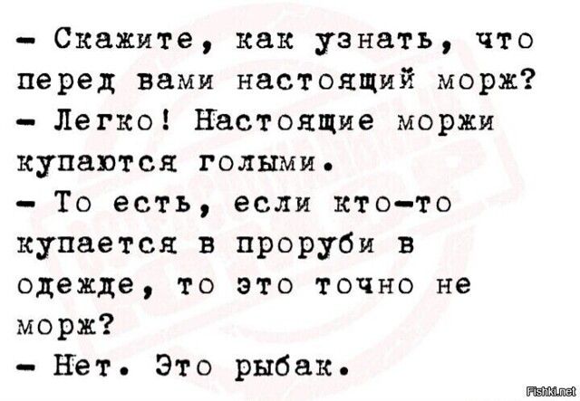 Скажите, как узнать, что перед вами настоящий морж? Легко! Настоящие моржи купаются голыми. То есть, если кто-то купается в проруби в одежде, то это точно не морж? Нет. Это рыбак.