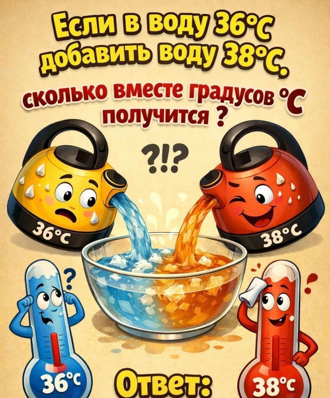 Если в воду 36°С добавить воду 38°С, сколько вместе градусов °С получится? ?!? Ответ: 36°С 38°С