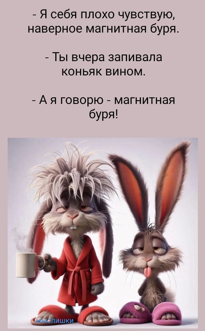 - Я себя плохо чувствую, наверное магнитная буря.
- Ты вчера запивала коньяк вином.
- А я говорю - магнитная буря!
мыслишки