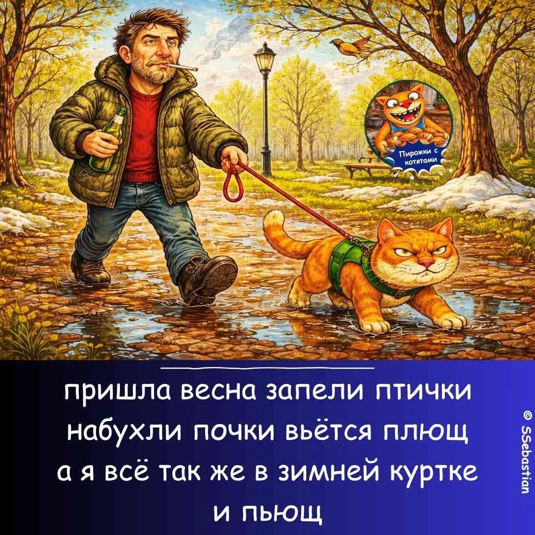 пришла весна запели птички набухли почки вьётся плющ а я всё так же в зимней куртке и пью. Пирожки с котятами.