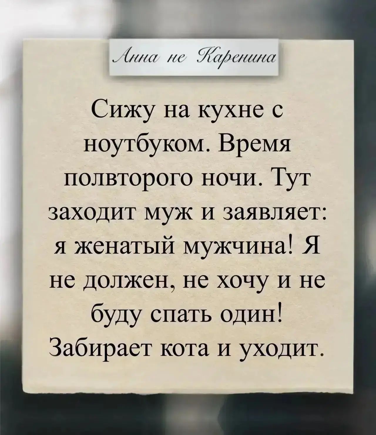 Анна не Каренина. Сижу на кухне с ноутбуком. Время полвторого ночи. Тут заходит муж и заявляет: я женатый мужчина! Я не должен, не хочу и не буду спать один! Забирает кота и уходит.