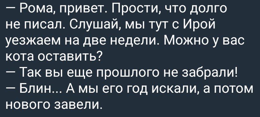 – Рома, привет. Прости, что долго не писал. Слушай, мы тут с Ирой уезжаем на две недели. Можно у вас кота оставить? – Так вы еще прошлого не забрали! – Блин... А мы его год искали, а потом нового завели.