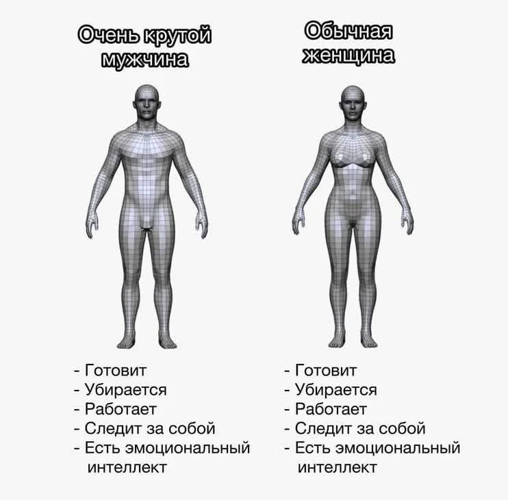 Очень крутой мужчина - Готовит - Убирается - Работает - Следит за собой - Есть эмоциональный интеллект. Обычная женщина - Готовит - Убирается - Работает - Следит за собой - Есть эмоциональный интеллект.