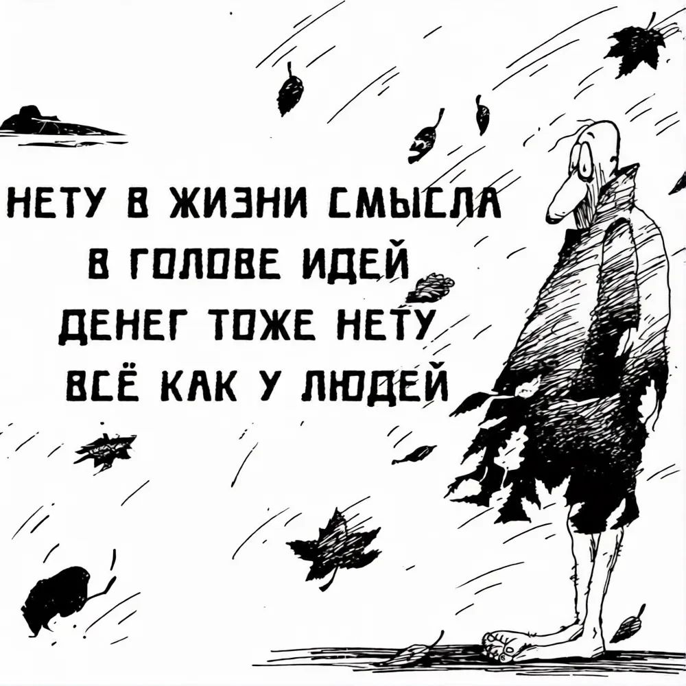 НЕТУ В ЖИЗНИ СМЫСЛА В ГОЛОВЕ ИДЕЙ ДЕНЕГ ТОЖЕ НЕТУ ВСЁ КАК У ЛЮДЕЙ