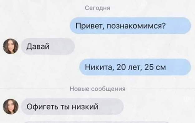 Сегодня. Привет, познакомимся? Давай. Никита, 20 лет, 25 см. Новые сообщения. Офигеть ты низкий.
