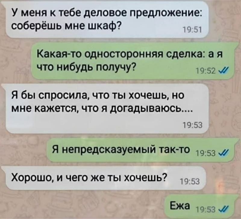 У меня к тебе деловое предложение: соберёшь мне шкаф? Какая-то односторонняя сделка: а я что нибудь получу? Я бы спросила, что ты хочешь, но мне кажется, что я догадываюсь.... Я непредсказуемый так-то Хорошо, и чего же ты хочешь? Ежа