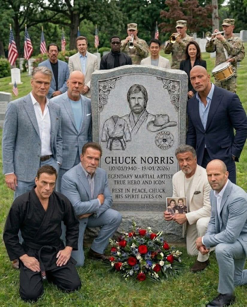 CHUCK NORRIS (10/03/1940 - 19/03/2026) LEGENDARY MARTIAL ARTIST TRUE HERO AND ICON REST IN PEACE, CHUCK HIS SPIRIT LIVES ON. Группа известных актеров боевиков собралась у надгробия Чака Норриса. На надгробии изображен Чак Норрис и текст о нем. Присутствуют Дольф Лундгрен, Брюс Уиллис, Жан-Клод Ван Дамм, Арнольд Шварценеггер, Сильвестр Сталлоне, Дже