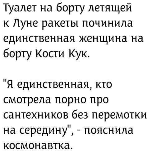 Туалет на борту летящей к Луне ракеты починила единственная женщина на борту Кости Кук. 