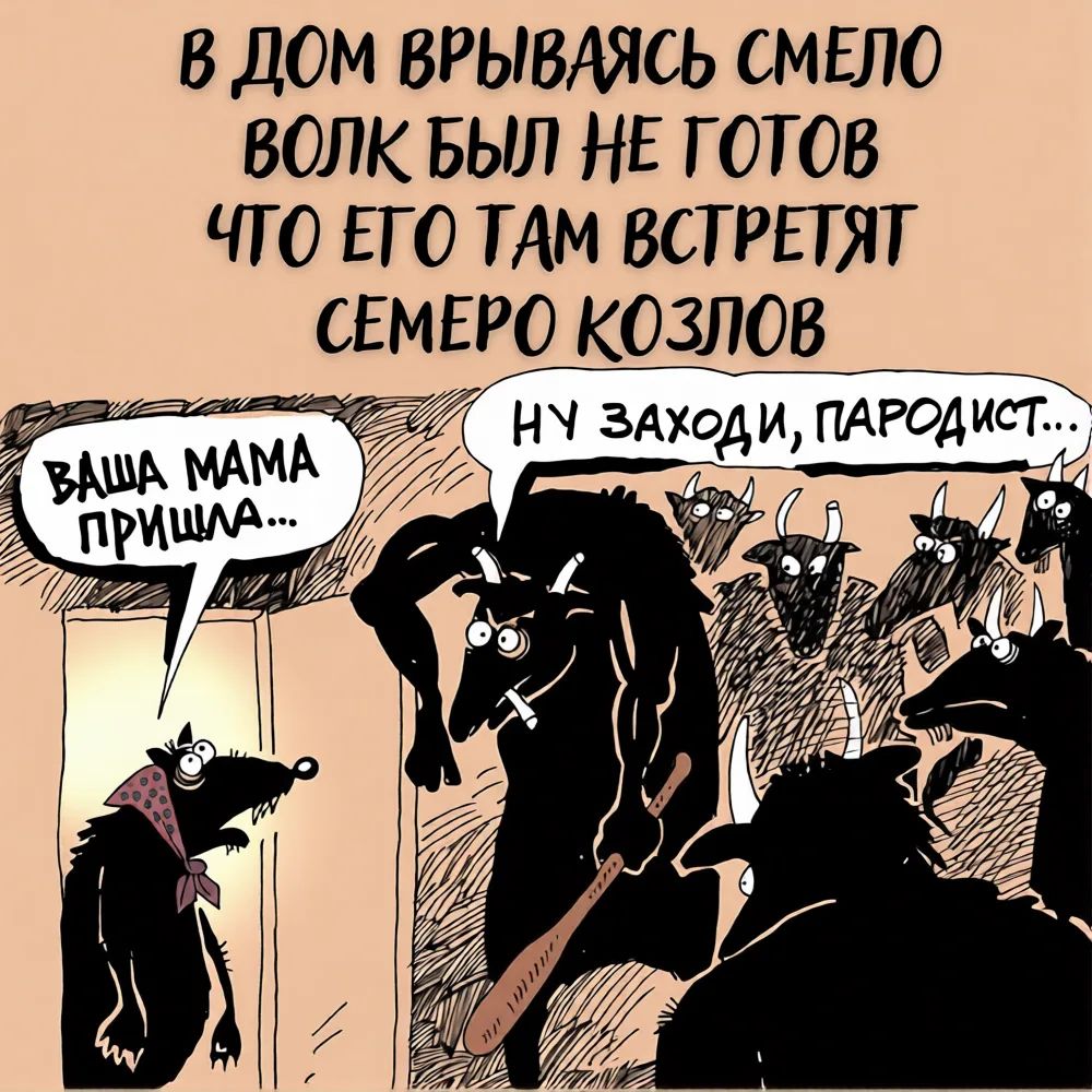 В дом врываясь смело волк был не готов что его там встретят семеро козлов. Ваша мама пришла... Ну заходи, пародист...