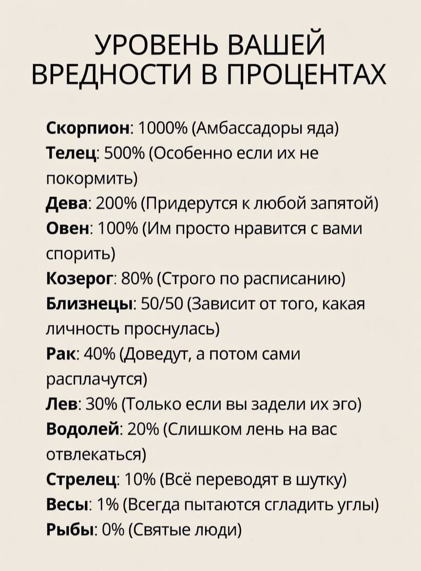 УРОВЕНЬ ВАШЕЙ ВРЕДНОСТИ В ПРОЦЕНТАХ
Скорпион: 1000% (Амбассадоры яда)
Телец: 500% (Особенно если их не покормить)
Дева: 200% (Придерутся к любой запятой)
Овен: 100% (Им просто нравится с вами спорить)
Козерог: 80% (Строго по расписанию)
Близнецы: 50/50 (Зависит от того, какая личность проснулась)
Рак: 40% (Доведут, а потом сами расплачутся)
Лев: 30