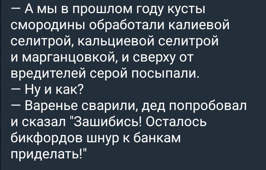 — А мы в прошлом году кусты смородины обработали калиевой селитрой, кальциевой селитрой и марганцовкой, и сверху от вредителей серой посыпали.
— Ну и как?
— Варенье сварили, дед попробовал и сказал 