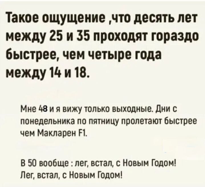 Такое ощущение, что десять лет между 25 и 35 проходят гораздо быстрее, чем четыре года между 14 и 18. Мне 48 и я вижу только выходные. Дни с понедельника по пятницу пролетают быстрее чем Макларен F1. В 50 вообще: лег, встал, с Новым Годом! Лег, встал, с Новым Годом!