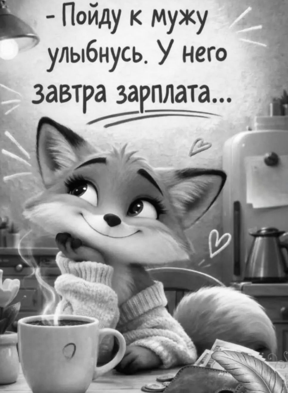 - Пойду к мужу улыбнусь. У него завтра зарплата...
