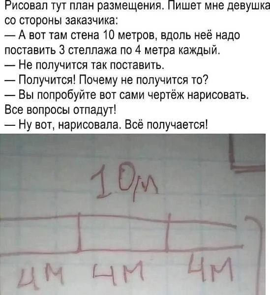 Рисовал тут план размещения. Пишет мне девушка со стороны заказчика: — А вот там стена 10 метров, вдоль неё надо поставить 3 стеллажа по 4 метра каждый. — Не получится так поставить. — Получится! Почему не получится то? — Вы попробуйте вот сами чертёж нарисовать. Все вопросы отпадут! — Ну вот, нарисовала. Всё получается! 10м 4м 4м 4м