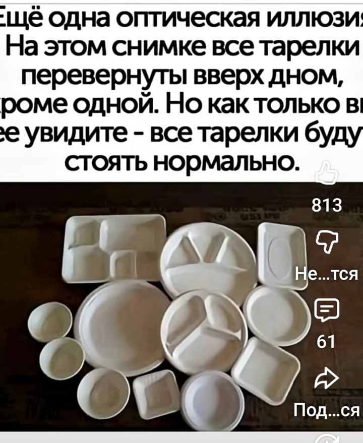 Ещё одна оптическая иллюзия. На этом снимке все тарелки перевернуты вверх дном, кроме одной. Но как только вы ее увидите - все тарелки будут стоять нормально.