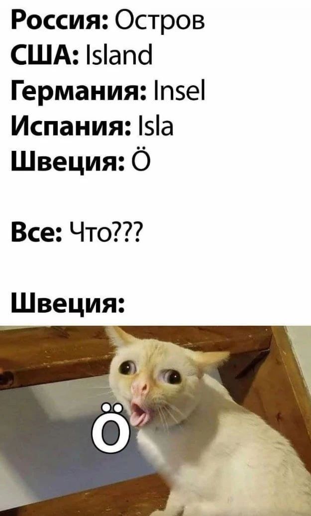 Россия: Остров США: Island Германия: Insel Испания: Isla Швеция: Ö Все: Что??? Швеция: (изображение удивленного кота с буквой Ö)