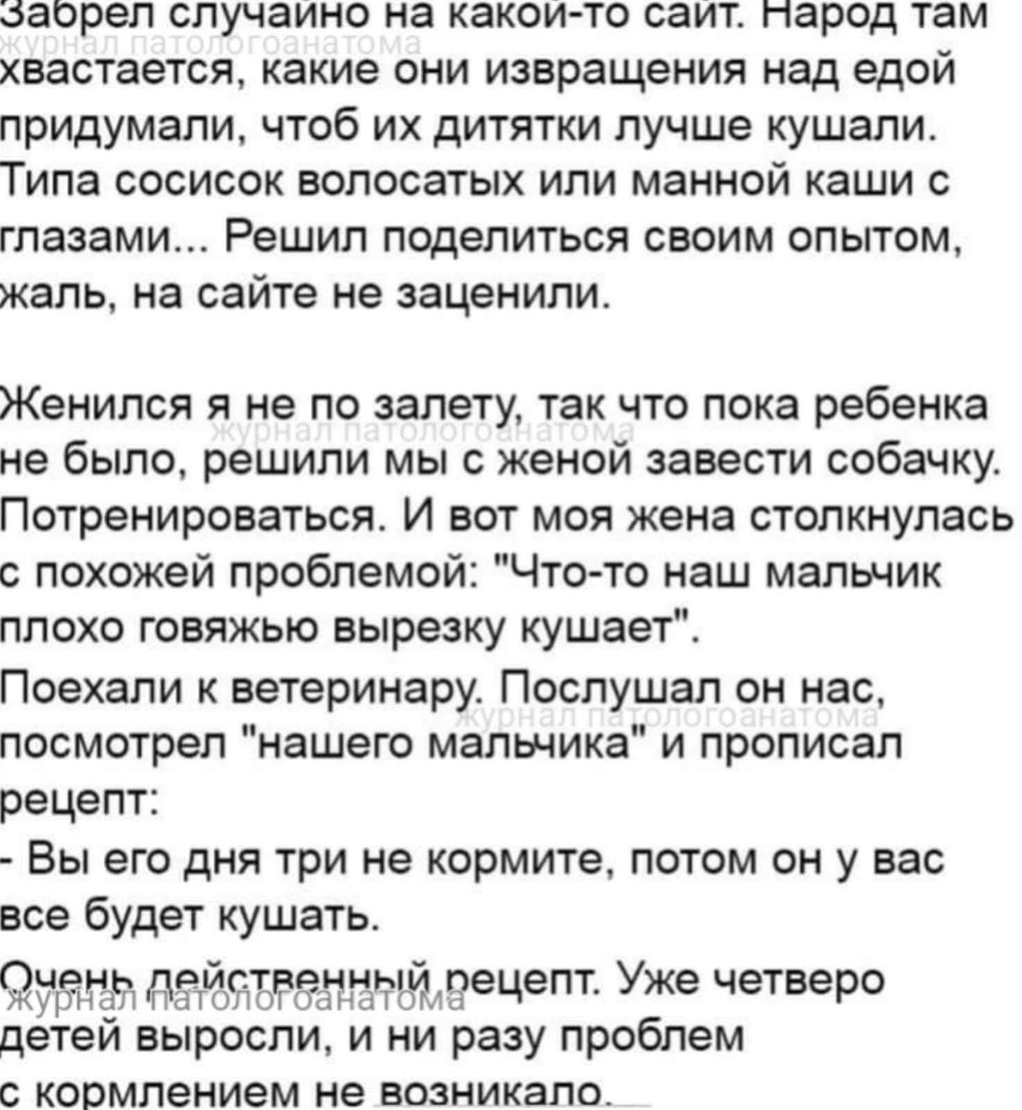 Забрел случайно на какой-то сайт. Народ там хвастается, какие они извращения над едой придумали, чтоб их дитятки лучше кушали. Типа сосисок волосатых или манной каши с глазами... Решил поделиться своим опытом, жаль, на сайте не заценили.

Женился я не по залету, так что пока ребенка не было, решили мы с женой завести собачку. Потренироваться. И вот