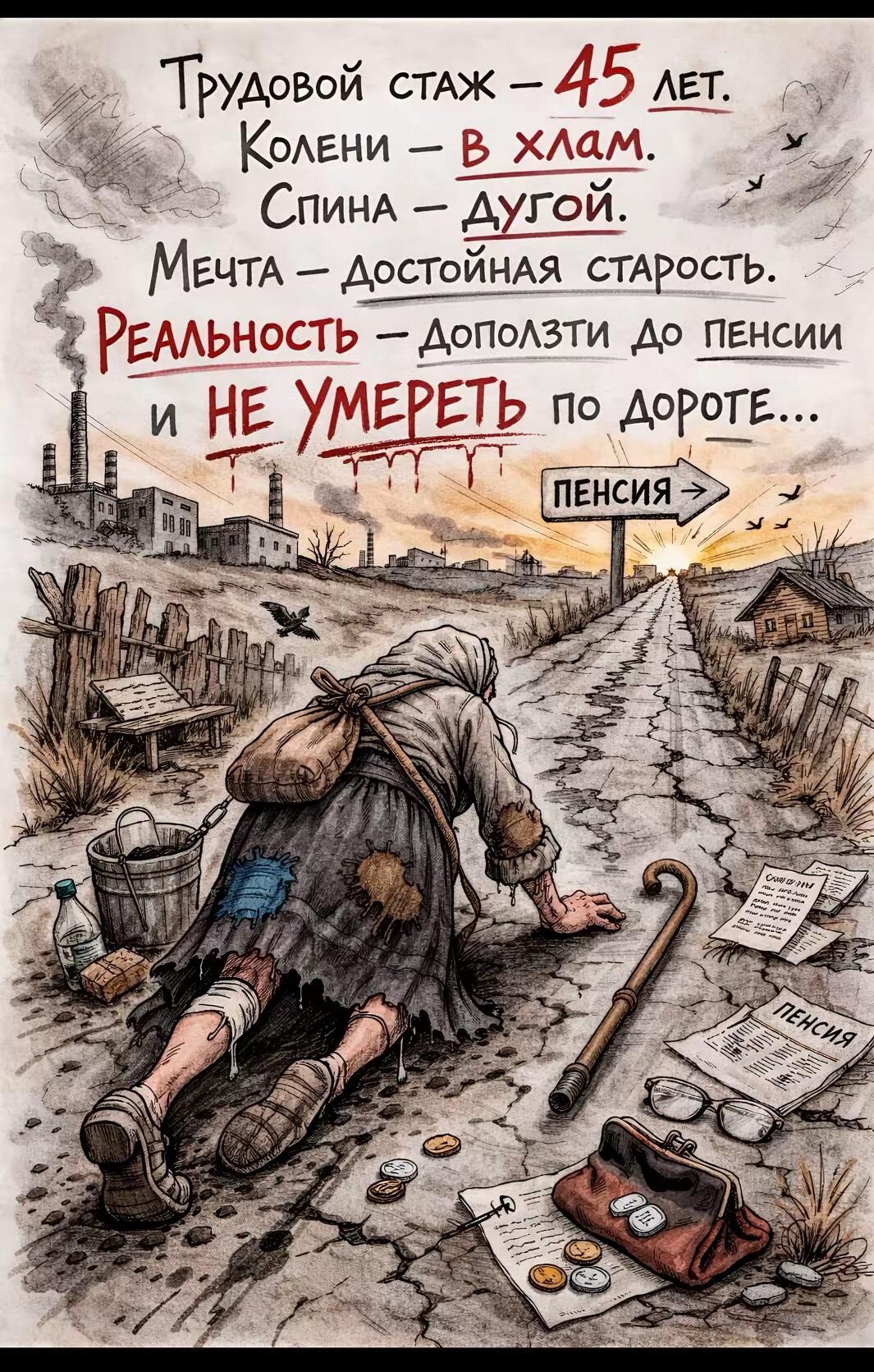 Трудовой стаж - 45 лет. Колени - в хлам. Спина - дугой. Мечта - достойная старость. Реальность - доползти до пенсии и не умереть по дороге... ПЕНСИЯ -> ПЕНСИЯ