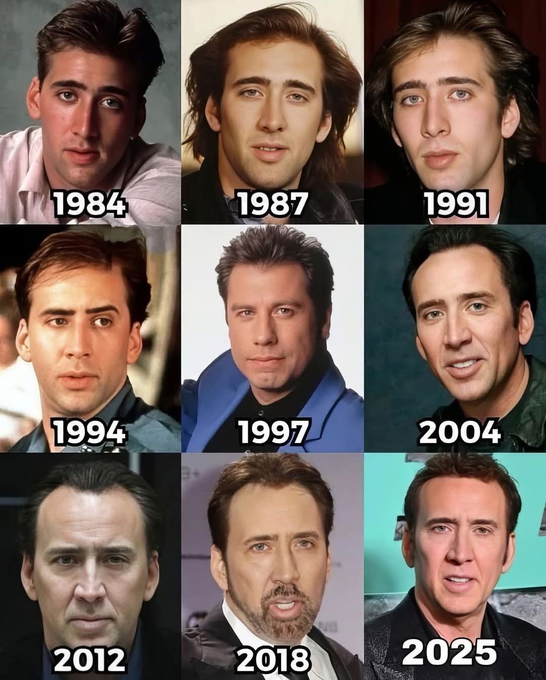 Фотографии Николаса Кейджа по годам: 1984, 1987, 1991, 1994, 1997, 2004, 2012, 2018, 2025. На фото 1997 года изображен Джон Траволта.