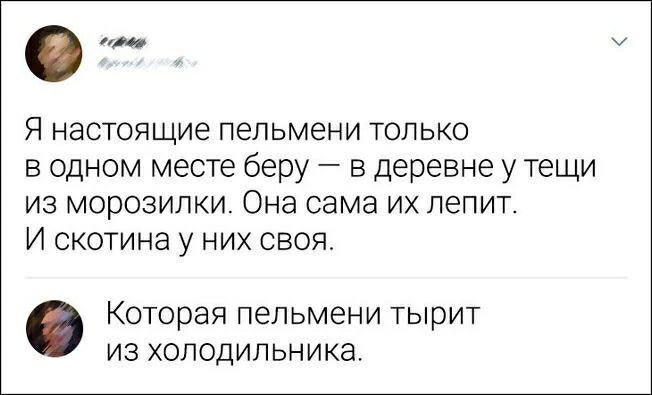 Я настоящие пельмени только в одном месте беру — в деревне у тещи из морозилки. Она сама их лепит. И скотина у них своя.
Которая пельмени тырит из холодильника.