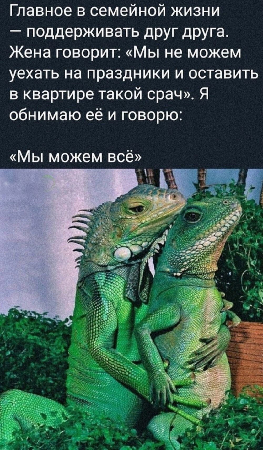 Главное в семейной жизни — поддерживать друг друга. Жена говорит: «Мы не можем уехать на праздники и оставить в квартире такой срач». Я обнимаю её и говорю: «Мы можем всё»