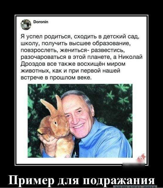 Я успел родиться, сходить в детский сад, школу, получить высшее образование, повзрослеть, жениться- развестись, разочароваться в этой планете, а Николай Дроздов все также восхищён миром животных, как и при первой нашей встрече в прошлом веке. Пример для подражания.