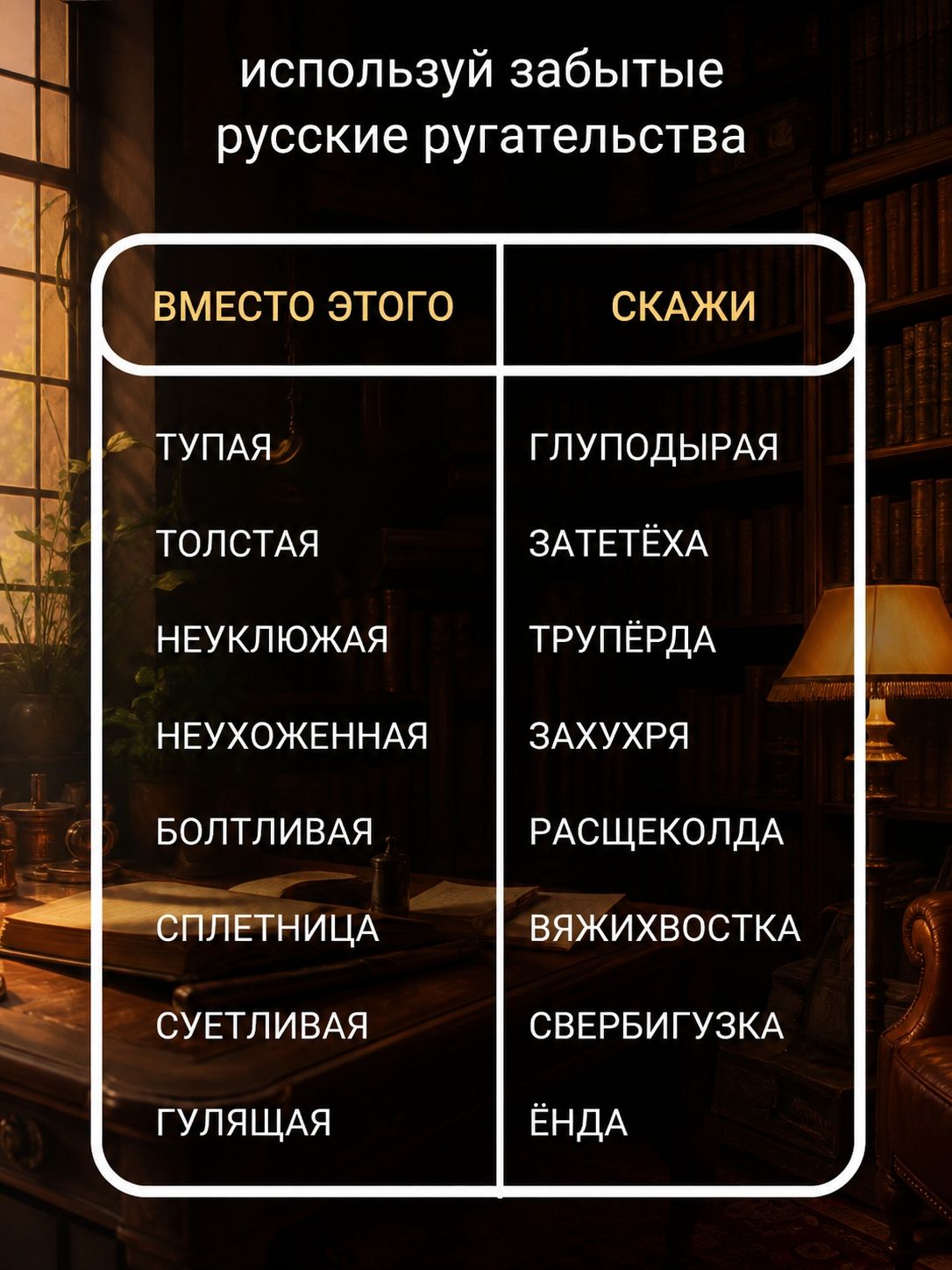используй забытые русские ругательства ВМЕСТО ЭТОГО СКАЖИ ТУПАЯ ГЛУПОДЫРАЯ ТОЛСТАЯ ЗАТЕТЁХА НЕУКЛЮЖАЯ ТРУПЁРДА НЕУХОЖЕННАЯ ЗАХУХРЯ БОЛТЛИВАЯ РАСЩЕКОЛДА СПЛЕТНИЦА ВЯЖИХВОСТКА СУЕТЛИВАЯ СВЕРБИГУЗКА ГУЛЯЩАЯ ЁНДА