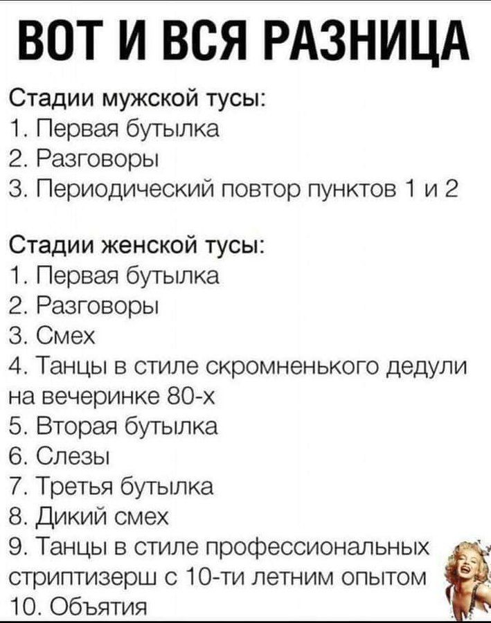 ВОТ И ВСЯ РАЗНИЦА Стадии мужской тусы: 1. Первая бутылка 2. Разговоры 3. Периодический повтор пунктов 1 и 2 Стадии женской тусы: 1. Первая бутылка 2. Разговоры 3. Смех 4. Танцы в стиле скромненького дедули на вечеринке 80-х 5. Вторая бутылка 6. Слезы 7. Третья бутылка 8. Дикий смех 9. Танцы в стиле профессиональных стриптизерш с 10-ти летним опытом