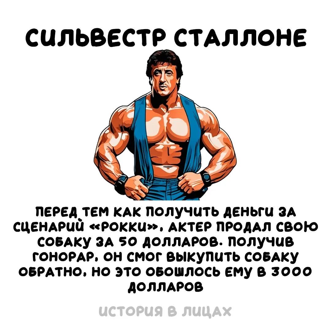 СИЛЬВЕСТР СТАЛЛОНЕ ПЕРЕД ТЕМ КАК ПОЛУЧИТЬ ДЕНЬГИ ЗА СЦЕНАРИЙ «РОККИ», АКТЕР ПРОДАЛ СВОЮ СОБАКУ ЗА 50 ДОЛЛАРОВ. ПОЛУЧИВ ГОНОРАР, ОН СМОГ ВЫКУПИТЬ СОБАКУ ОБРАТНО, НО ЭТО ОБОШЛОСЬ ЕМУ В 3000 ДОЛЛАРОВ ИСТОРИЯ В ЛИЦАХ