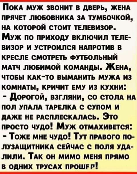 Пока муж звонит в дверь, жена прячет любовника за тумбочкой, на которой стоит телевизор. Муж по приходу включил телевизор и устроился напротив в кресле смотреть футбольный матч любимой команды. Жена, чтобы как-то выманить мужа из комнаты, кричит ему из кухни: - Дорогой, взгляни, со стола на пол упала тарелка с супом и даже не расплескалась. Это про