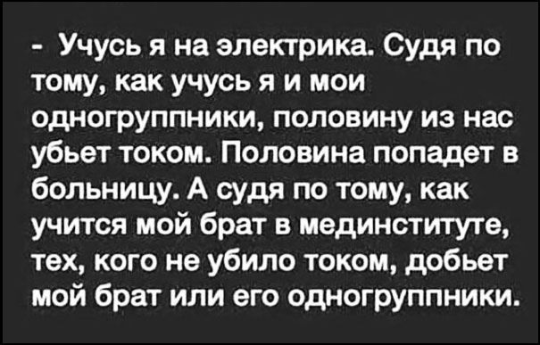 Учусь я на электрика. Судя по тому, как учусь я и мои одногруппники, половину из нас убьет током. Половина попадет в больницу. А судя по тому, как учится мой брат в мединституте, тех, кого не убило током, добьет мой брат или его одногруппники.