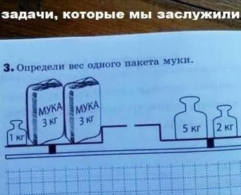 задачи, которые мы заслужили. 3. Определи вес одного пакета муки. МУКА 3 кг. 1 кг. 5 кг. 2 кг.