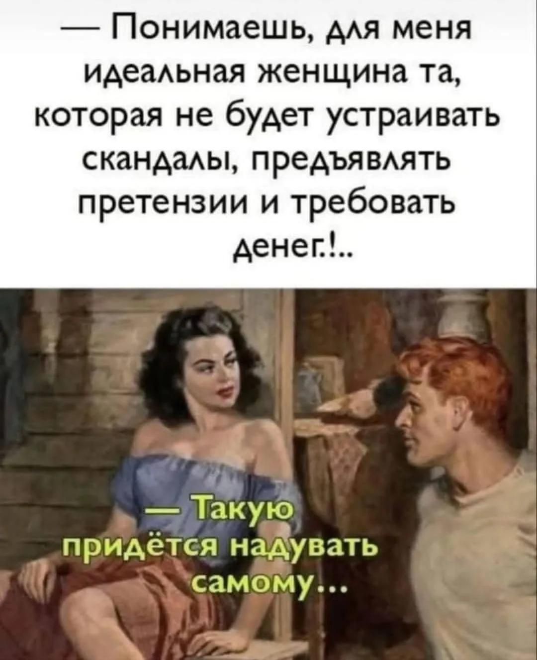 Понимаешь, для меня идеальная женщина та, которая не будет устраивать скандалы, предъявлять претензии и требовать денег!.. — Такую придётся надувать самому...