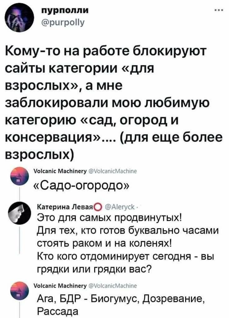 пурполли @purpolly Кому-то на работе блокируют сайты категории «для взрослых», а мне заблокировали мою любимую категорию «сад, огород и консервация».... (для еще более взрослых) Volcanic Machinery @VolcanicMachine «Садо-огородо» Катерина Левая @Aleryck Это для самых продвинутых! Для тех, кто готов буквально часами стоять раком и на коленях! Кто ког