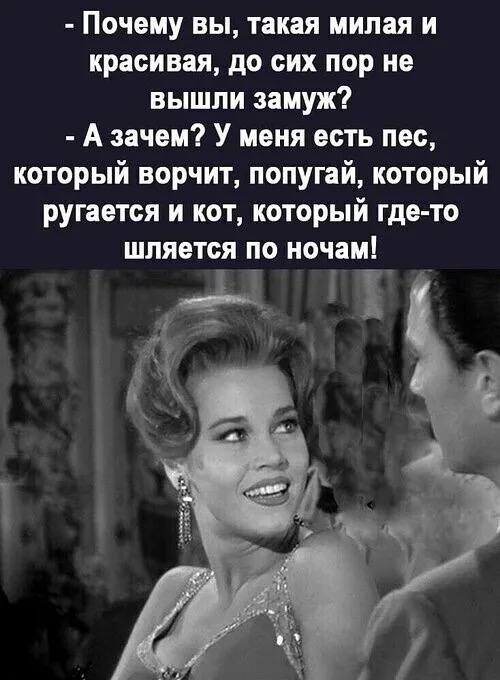 Почему вы, такая милая и красивая, до сих пор не вышли замуж? А зачем? У меня есть пес, который ворчит, попугай, который ругается и кот, который где-то шляется по ночам!