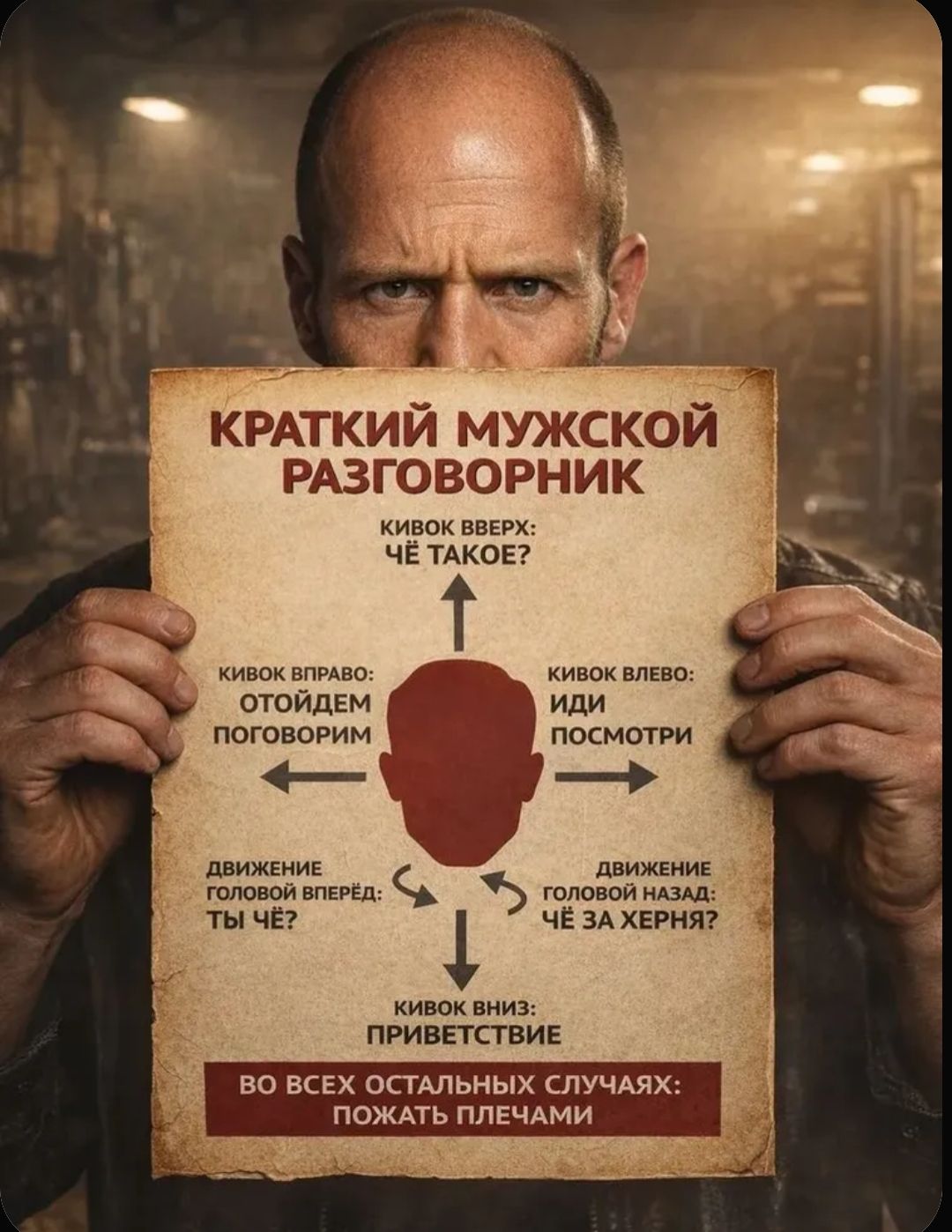 КРАТКИЙ МУЖСКОЙ РАЗГОВОРНИК. КИВОК ВВЕРХ: ЧЁ ТАКОЕ? КИВОК ВПРАВО: ОТОЙДЕМ ПОГОВОРИМ. КИВОК ВЛЕВО: ИДИ ПОСМОТРИ. ДВИЖЕНИЕ ГОЛОВОЙ ВПЕРЁД: ТЫ ЧЁ? ДВИЖЕНИЕ ГОЛОВОЙ НАЗАД: ЧЁ ЗА ХЕРНЯ? КИВОК ВНИЗ: ПРИВЕТСТВИЕ. ВО ВСЕХ ОСТАЛЬНЫХ СЛУЧАЯХ: ПОЖАТЬ ПЛЕЧАМИ.