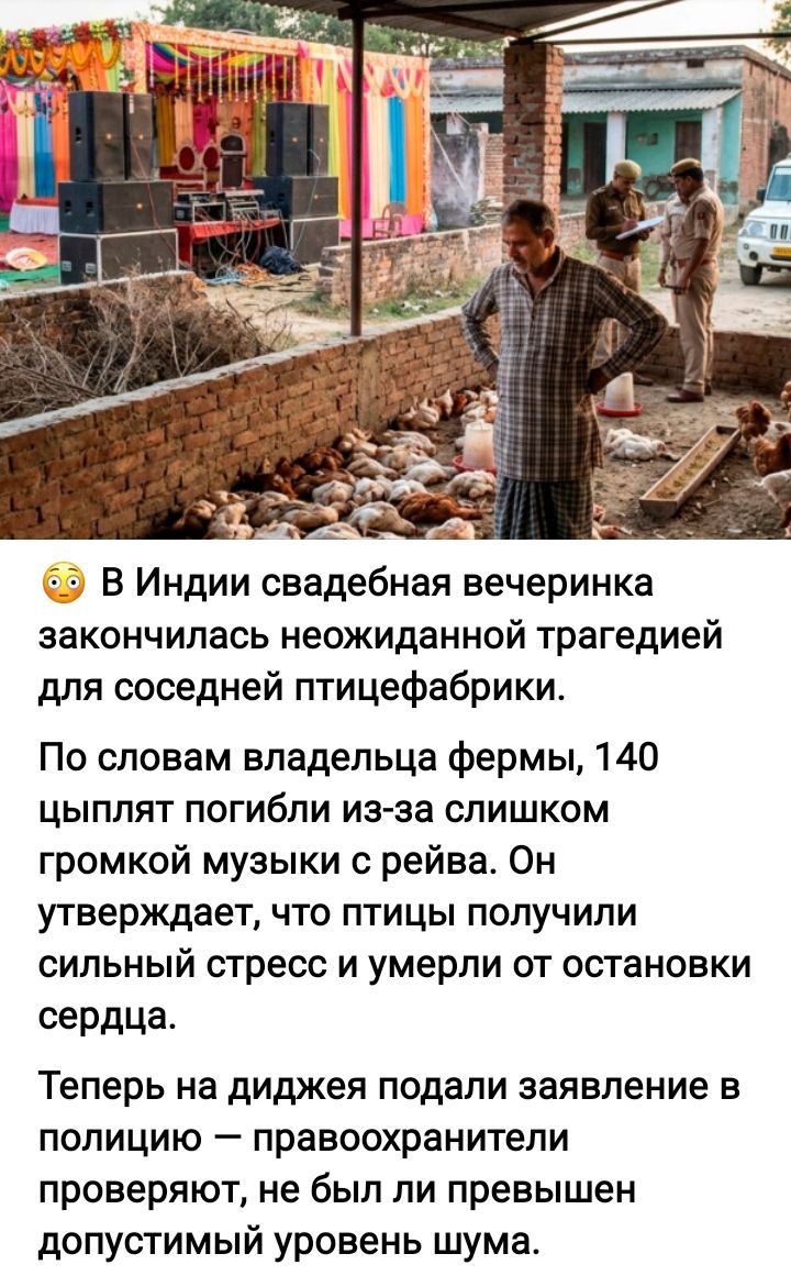 В Индии свадебная вечеринка закончилась неожиданной трагедией для соседней птицефабрики. По словам владельца фермы, 140 цыплят погибли из-за слишком громкой музыки с рейва. Он утверждает, что птицы получили сильный стресс и умерли от остановок сердца. Теперь на диджея подали заявление в полицию — правоохранители проверяют, не был ли превышен допуст